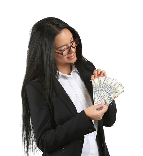 Young Businesswoman Money White Background — Stock Photo, Image