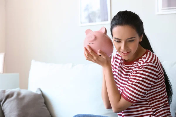 Young Woman Piggy Bank Home — Stock Photo, Image