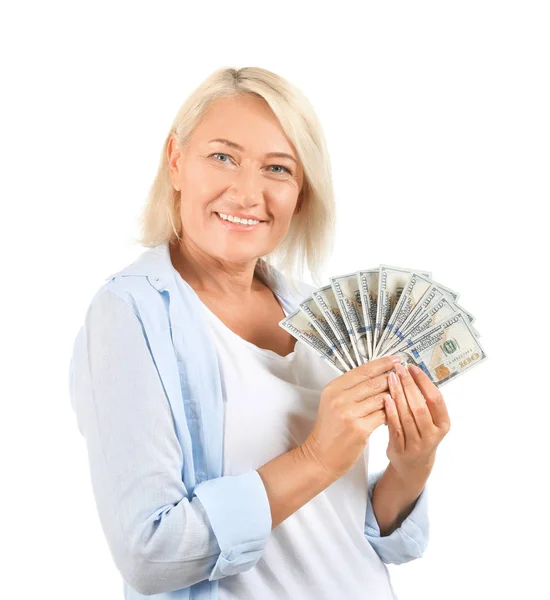 Mature woman with money on white background