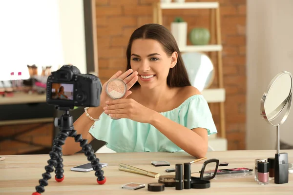 Young Beauty Blogger Recording Video Home — Stock Photo, Image