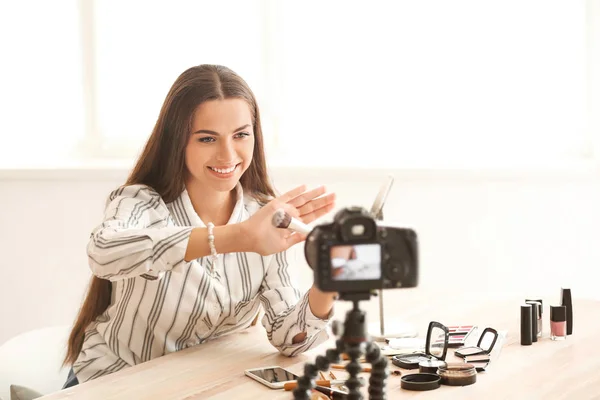 Young Beauty Blogger Recording Video Home — Stock Photo, Image