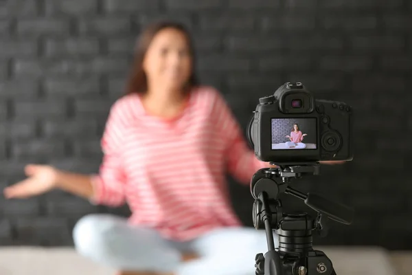 Young Female Blogger Recording Video Indoors — Stock Photo, Image