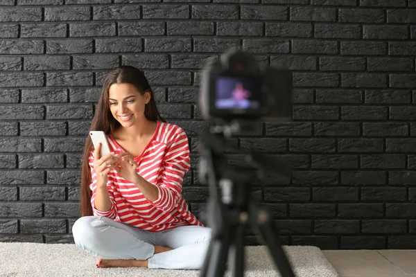 Young Female Blogger Mobile Phone Recording Video Home — Stock Photo, Image