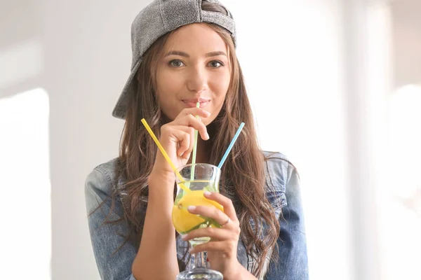 Young Woman Drinking Fresh Lemonade Home — Stock Photo, Image