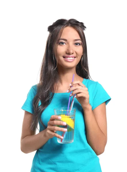 Young Woman Glass Fresh Lemonade White Background — Stock Photo, Image