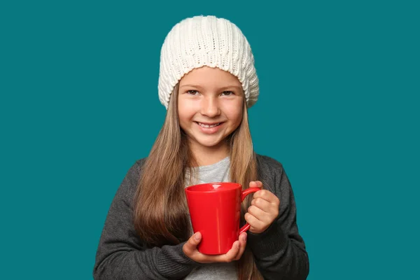 Cute Little Girl Warm Clothes Cup Hot Chocolate Color Background — Stock Photo, Image