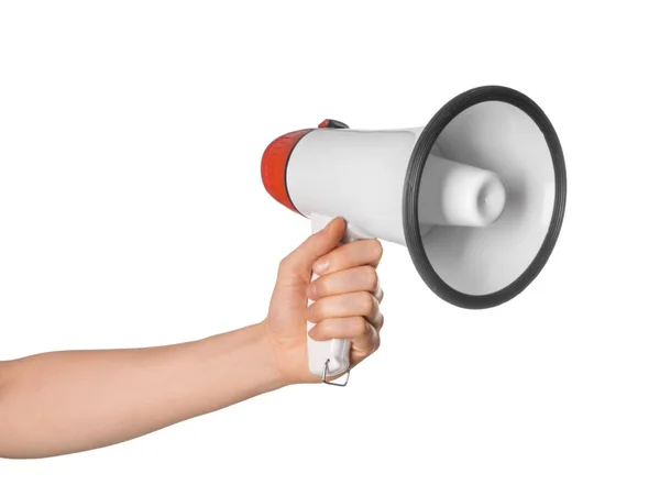 Woman Holding Megaphone White Background — Stock Photo, Image