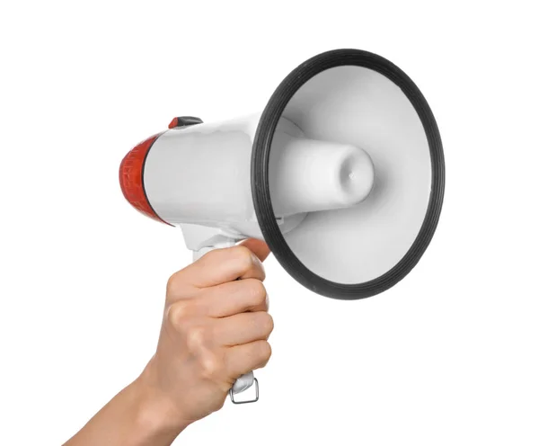 Woman Holding Megaphone White Background — Stock Photo, Image