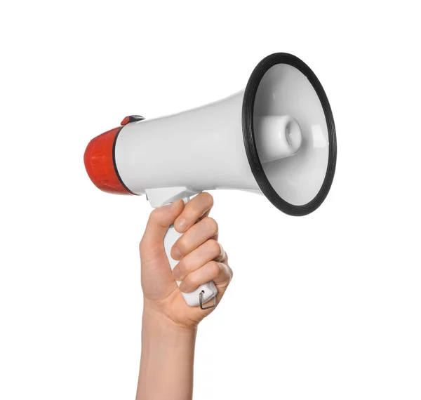 Woman Holding Megaphone White Background — Stock Photo, Image