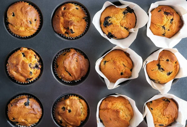 Muffins Aux Myrtilles Savoureux Dans Une Boîte Pâtisserie — Photo