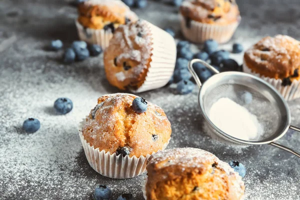Tasty Blueberry Muffins Sugar Powder Grey Table — Stock Photo, Image