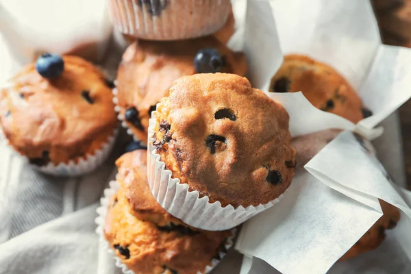Tasty Blueberry Muffins Napkin Closeup — Stock Photo, Image