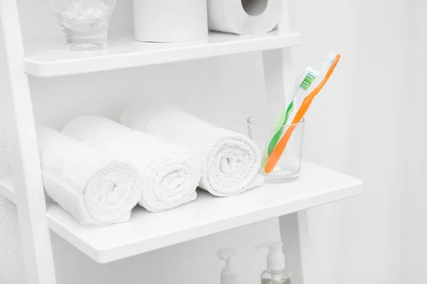 Soft Towels Glass Tooth Brushes Shelf Light Wall Bathroom — Stock Photo, Image