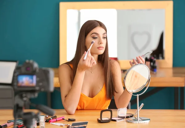 Young Beauty Blogger Recording Video Indoors — Stock Photo, Image