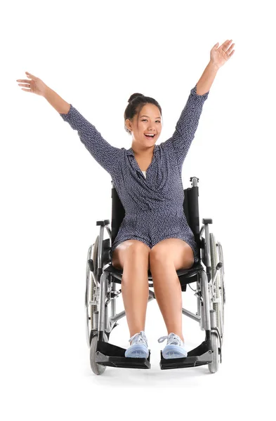 Happy Asian Woman Wheelchair White Background — Stock Photo, Image