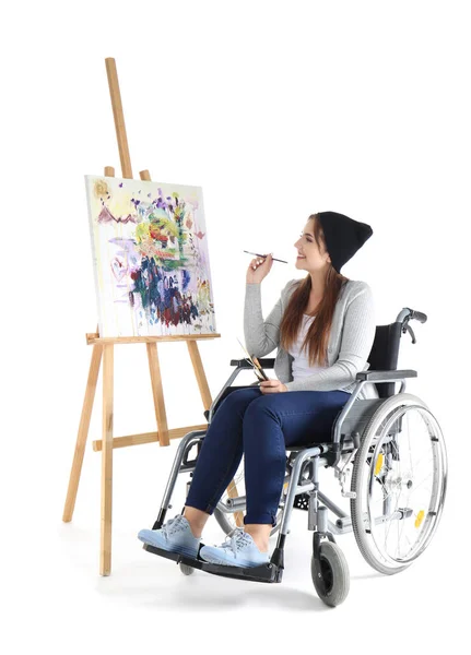 Young Female Artist Wheelchair Painting Picture White Background — Stock Photo, Image