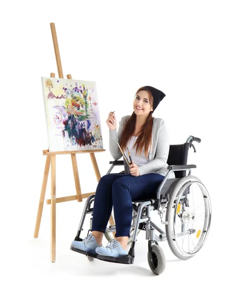Young Female Artist Wheelchair Painting Picture White Background — Stock Photo, Image