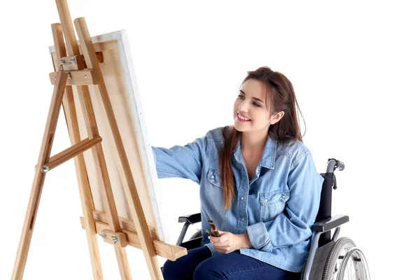 Young Female Artist Wheelchair Painting Picture White Background — Stock Photo, Image