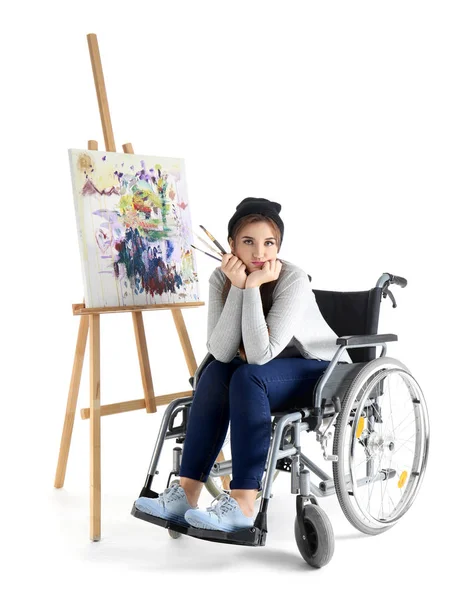 Young Female Artist Wheelchair Painting Picture White Background — Stock Photo, Image