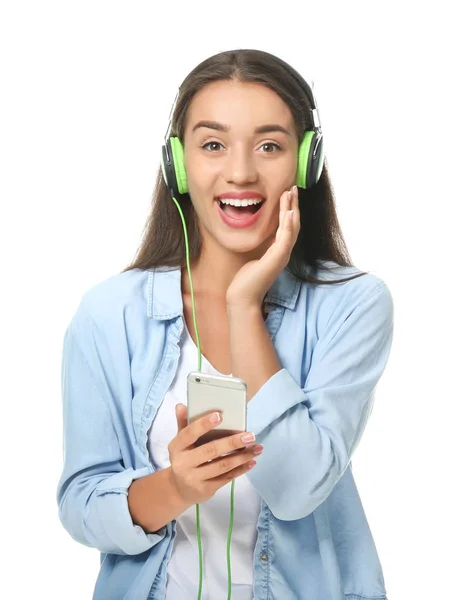 Beautiful Young Woman Listening Music White Background — Stock Photo, Image