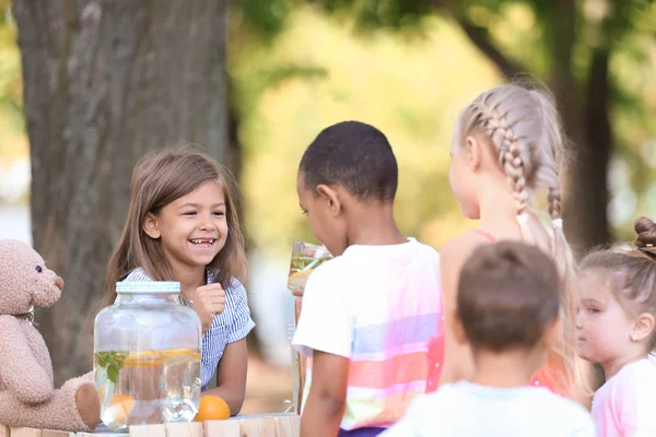 Schattige Kinderen Wachtrij Voor Natuurlijke Limonade Buurt Van Staan Park — Stockfoto