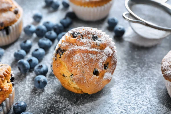 Tasty Blueberry Muffin Sugar Powder Grey Table Stock Photo