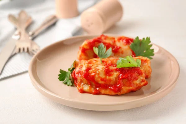 Plate Stuffed Cabbage Leaves Tomato Sauce White Table — Stock Photo, Image