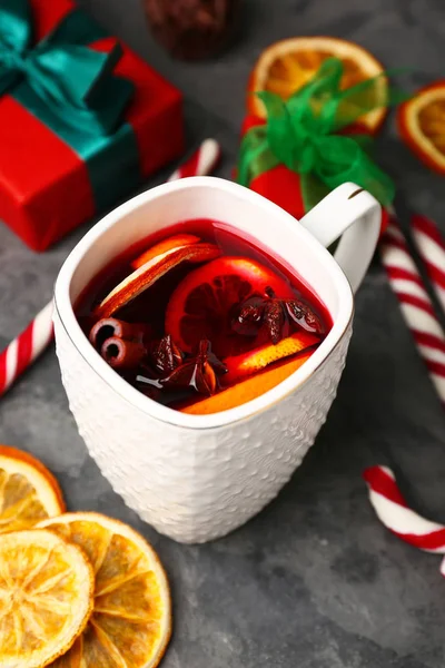 Cup Delicious Mulled Wine Grey Table — Stock Photo, Image