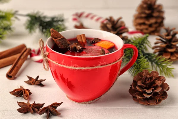 Cup Delicious Mulled Wine White Wooden Table — Stock Photo, Image