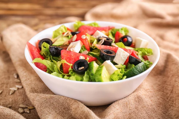 Bowl Delicious Watermelon Salad Table Closeup — Stock Photo, Image