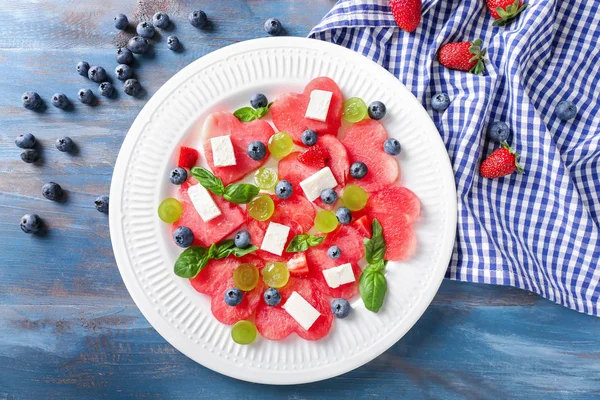 Plate Sweet Watermelon Salad Wooden Table — Stock Photo, Image