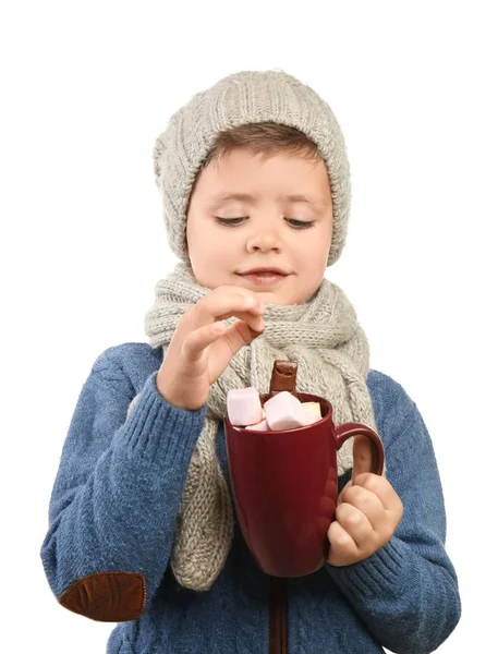 Cute Little Boy Warm Clothes Cup Hot Chocolate White Background — Stock Photo, Image