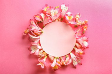 Güzel çiçek açan çiçekler ve renk arka plan üzerinde boş oyun kağıdı ile kompozisyon