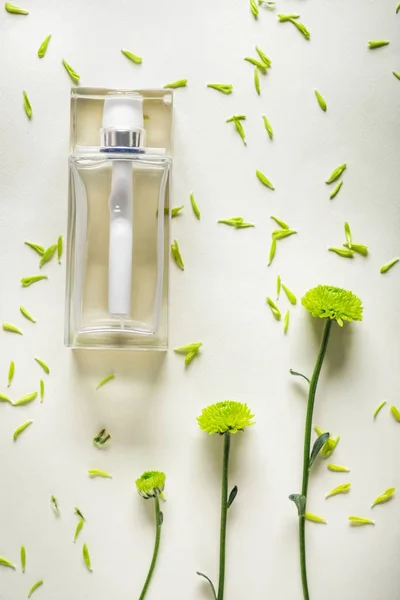 Διαφανές Μπουκάλι Άρωμα Όμορφα Λουλούδια Επάνω Ελαφρύς Υπόβαθρο — Φωτογραφία Αρχείου