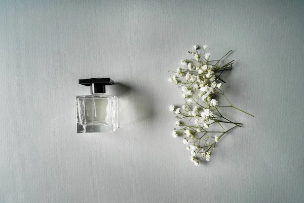 Transparent Bottle Perfume Beautiful Flowers Light Background — Stock Photo, Image