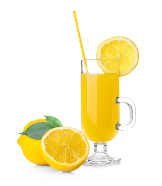 Glass Cup Fresh Lemon Juice White Background — Stock Photo, Image