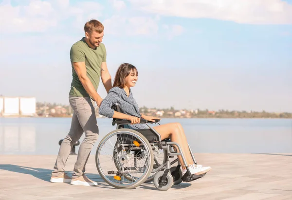 Happy Young Woman Wheelchair Her Husband River — Stock Photo, Image