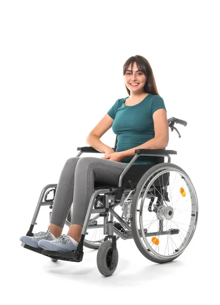Jovem Mulher Cadeira Rodas Fundo Branco — Fotografia de Stock