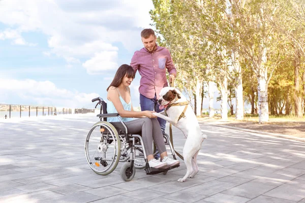 Young Woman Wheelchair Her Husband Service Dog Outdoors — Stock Photo, Image