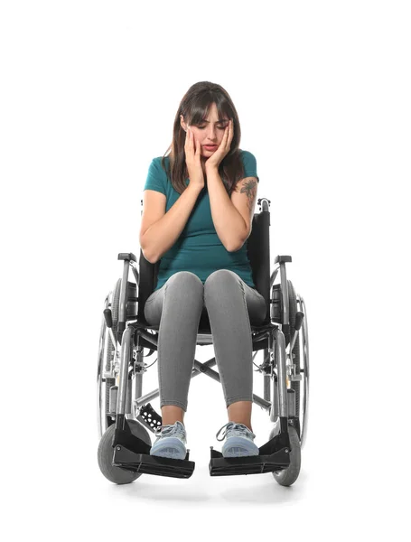 Deprese Mladá Žena Invalidním Vozíku Bílém Pozadí — Stock fotografie