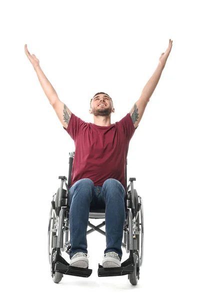 Szczęśliwy Młody Człowiek Wózku Inwalidzkim Białym Tle — Zdjęcie stockowe