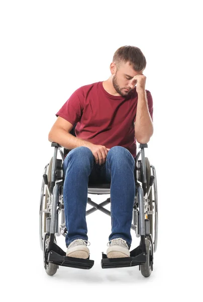Depressiver Junger Mann Rollstuhl Auf Weißem Hintergrund — Stockfoto