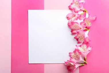 Renk arkaplanında güzel çiçekler olan boş kart