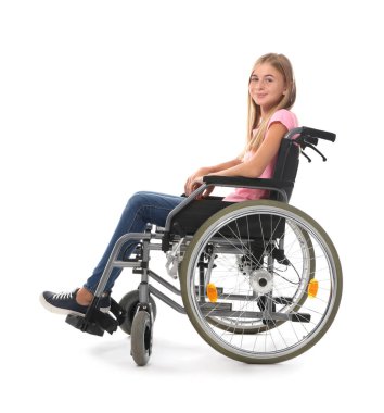 Teenage girl in wheelchair on white background clipart