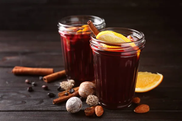 Jars Delicious Mulled Wine Wooden Table — Stock Photo, Image