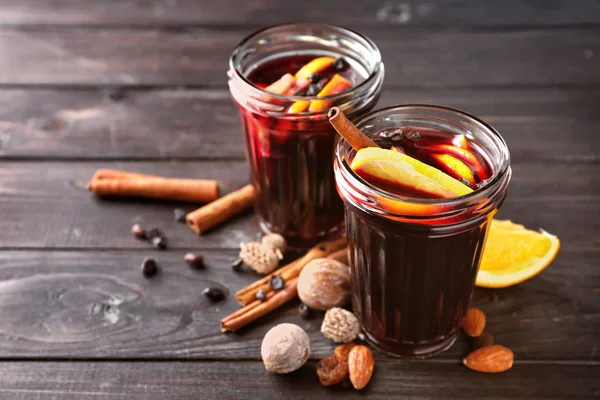 Jars Delicious Mulled Wine Wooden Table — Stock Photo, Image