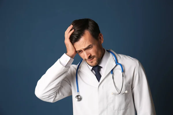 Handsome Stressed Doctor Color Background — Stock Photo, Image