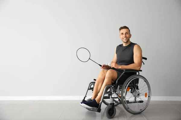 Badminton Player Sitting Wheelchair Light Wall — Stock Photo, Image