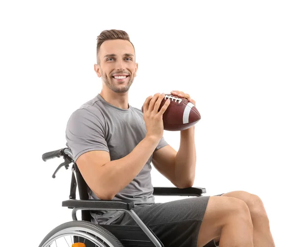 Young Man Rugby Ball Sitting Wheelchair White Background — Stock Photo, Image