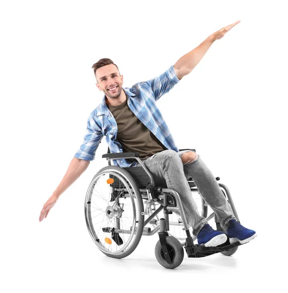 Happy Young Man Sitting Wheelchair White Background — Stock Photo, Image